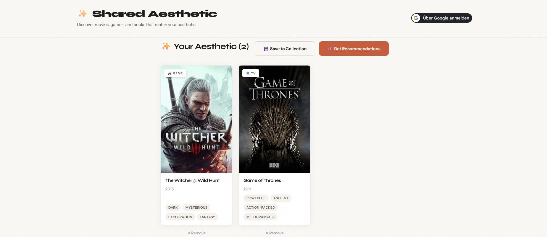 Select Movies, TV Shows, Games and Books to create your aesthetic