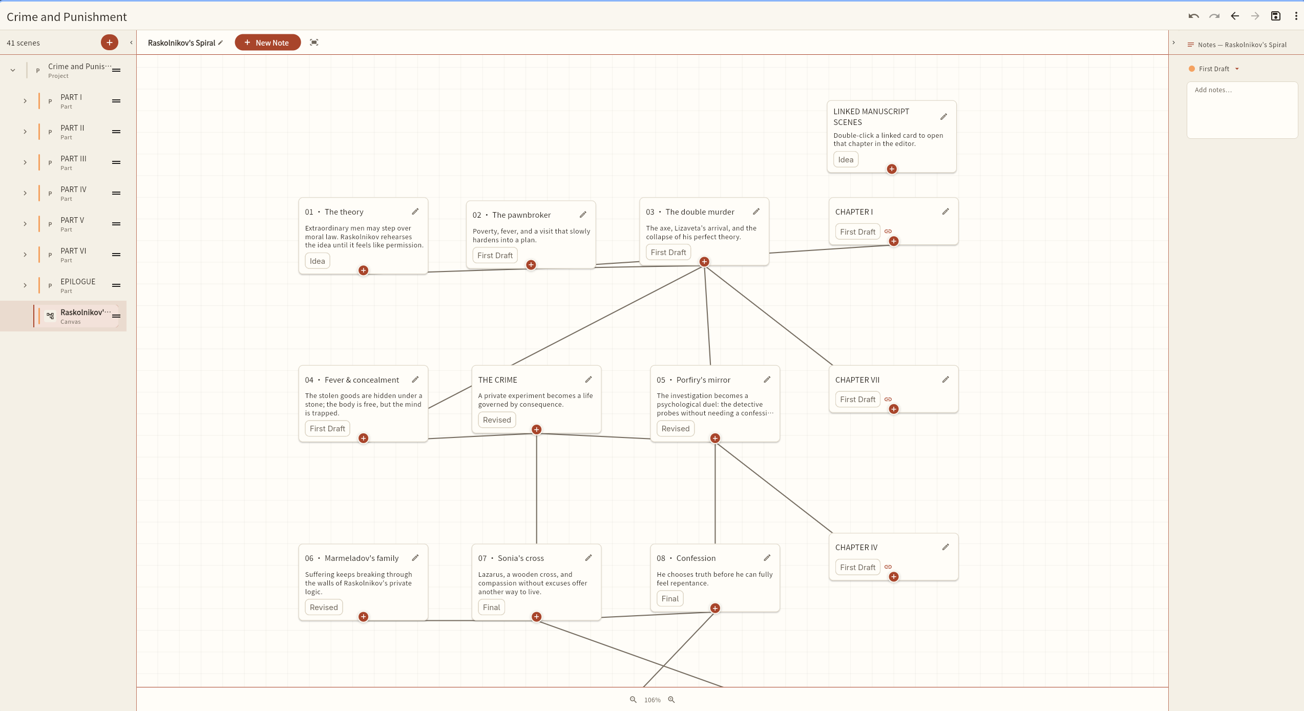 WritePlease canvas view mapping Crime and Punishment scenes and story connections