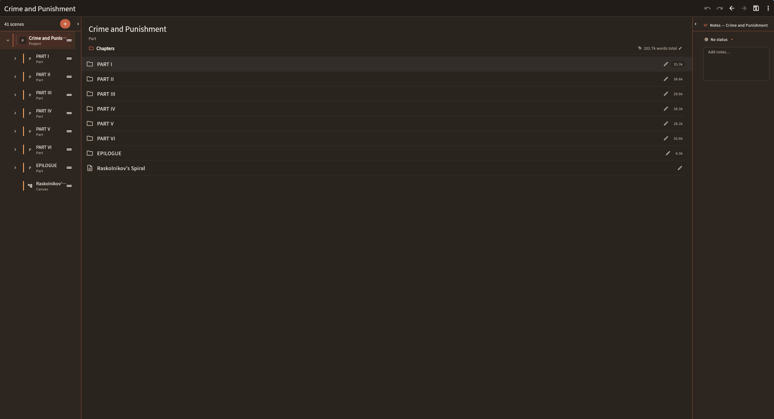 WritePlease dark theme showing the project folder overview and chapter word counts